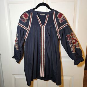 Rebellion Navy Blue Peasant-style Embroidered Boho Tunic Blouse Large